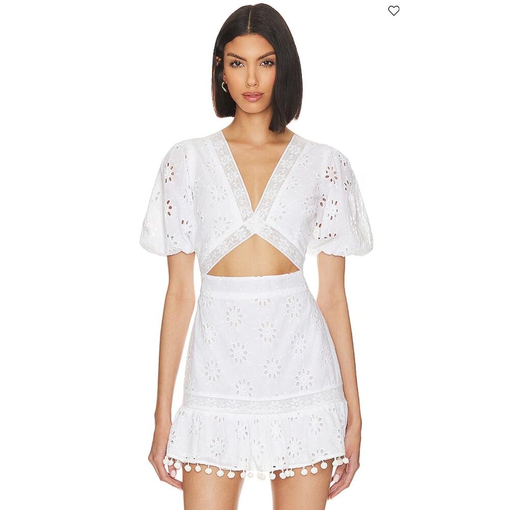 Tularosa‎ x Jetset Christina Carly Mini Dress White Eyelet Cut Out Pom Pom Sz XS
